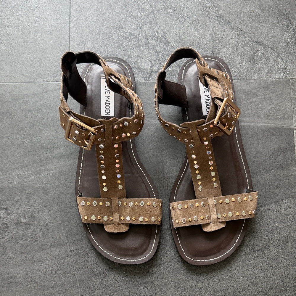 Steve Madden Brown Suede Studded T-Strap Sandals